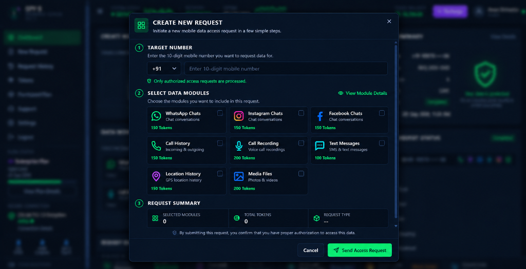 SPY8 create-new-request flow — target number and module selection